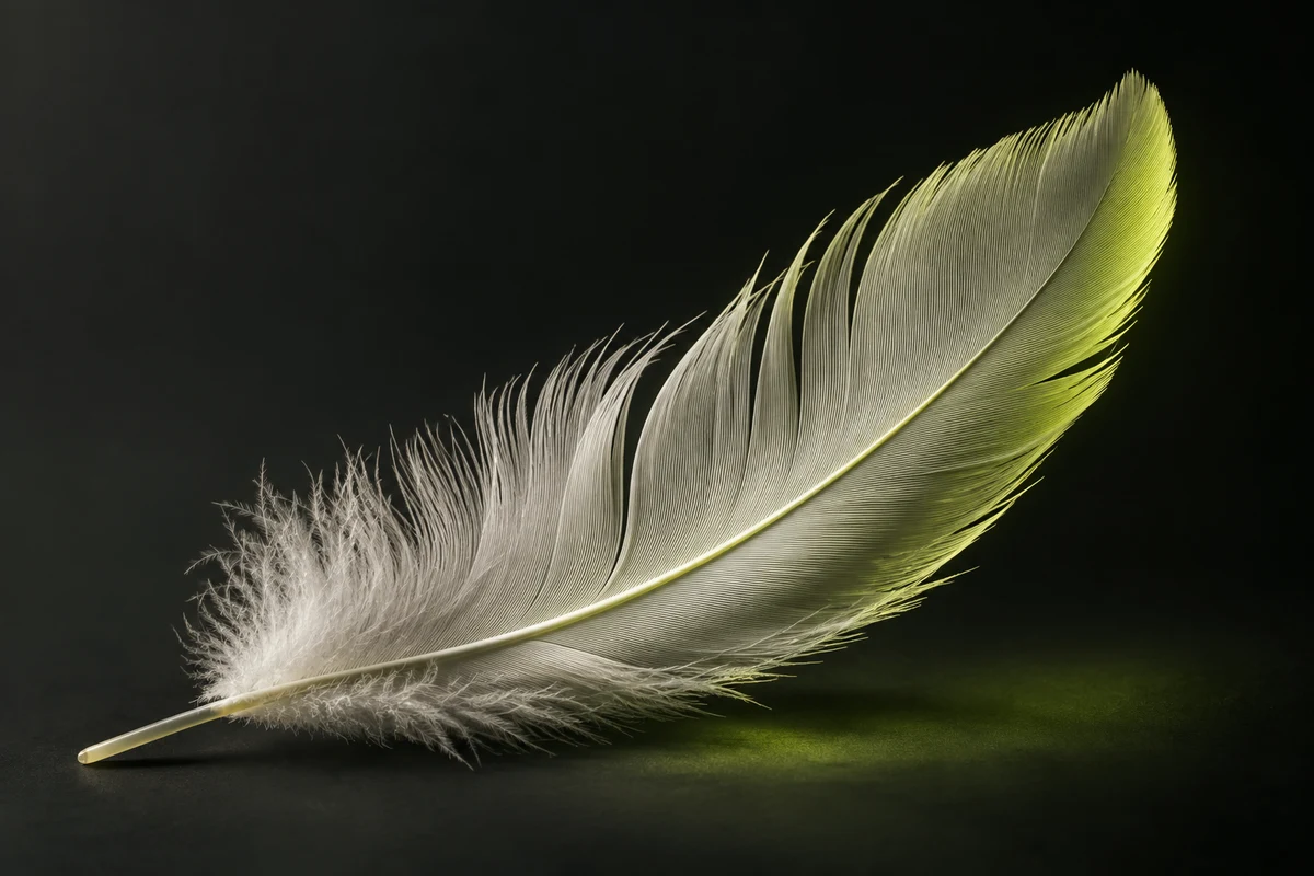 An ivory feather with a delicate lime edge on charcoal
